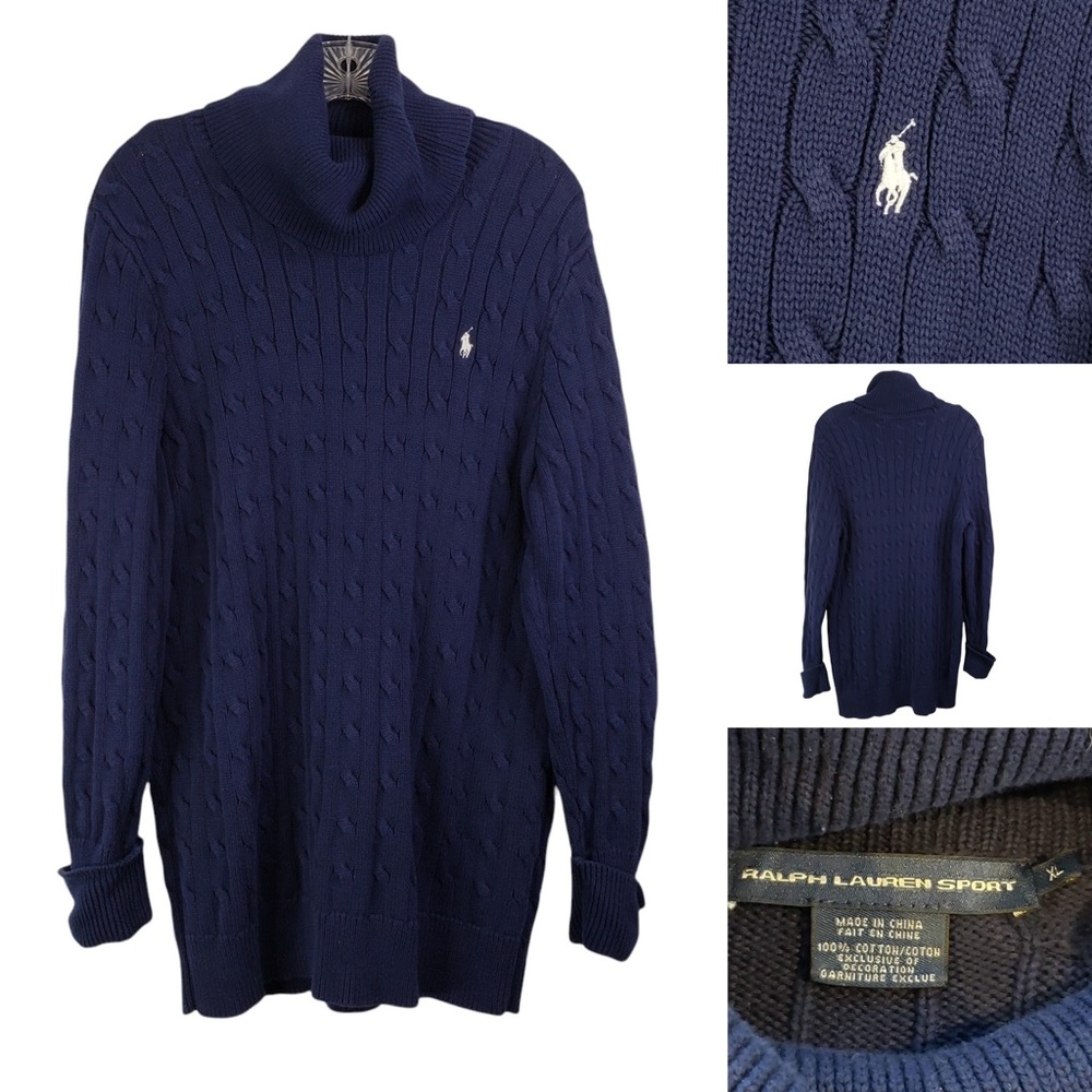 Polo Ralph Lauren Sport Turtleneck Cable Knit Long Line Sweater Dress Blue XL